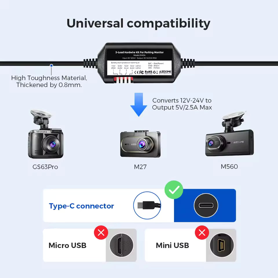 AZDOME Hardwire Kit for M27/M560/M330/PG19X/M580/D100 with Low Voltage Protection - Techtonika Autolink