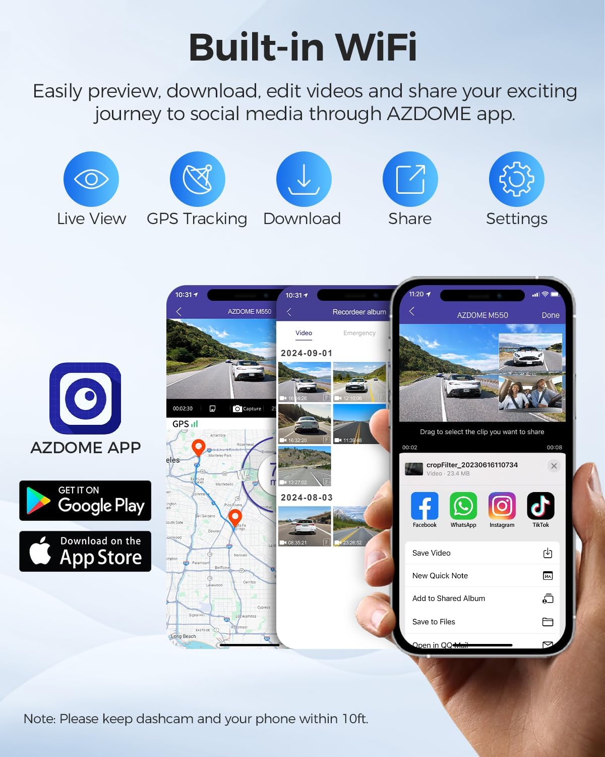 AZDOME M550 Pro 5.8Ghz WiFi 2/3 Channel Dash Cam 4K+1080P Built-in GPS 3.19" IPS Screen Car DVR IR
