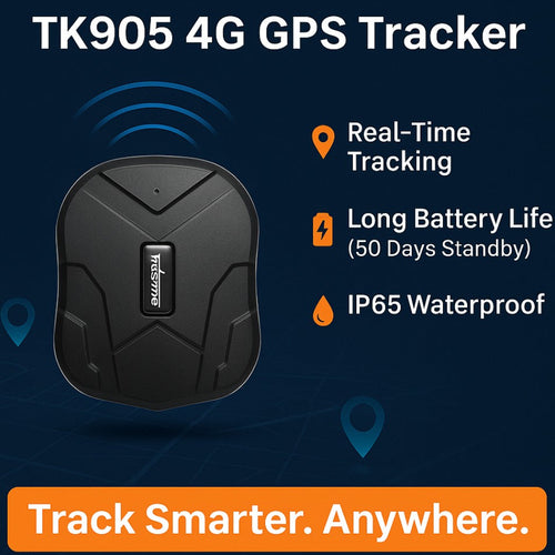 TK905 4G GPS Tracker with features on a dark blue background