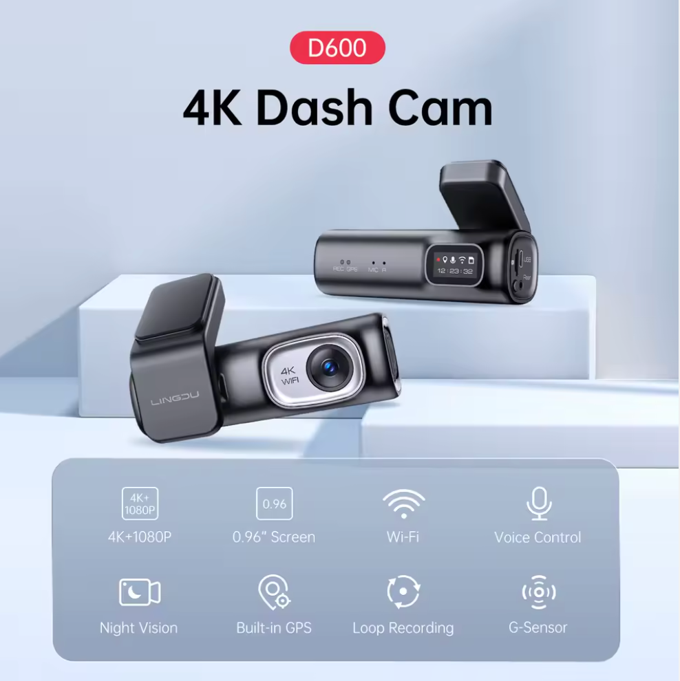 Lindu D600 Dual Lens Car DVR 4K + 1080P Front and Rear Dash Cam with 5.8G Wi-Fi, GPS Tracker, and ADAS Black Box