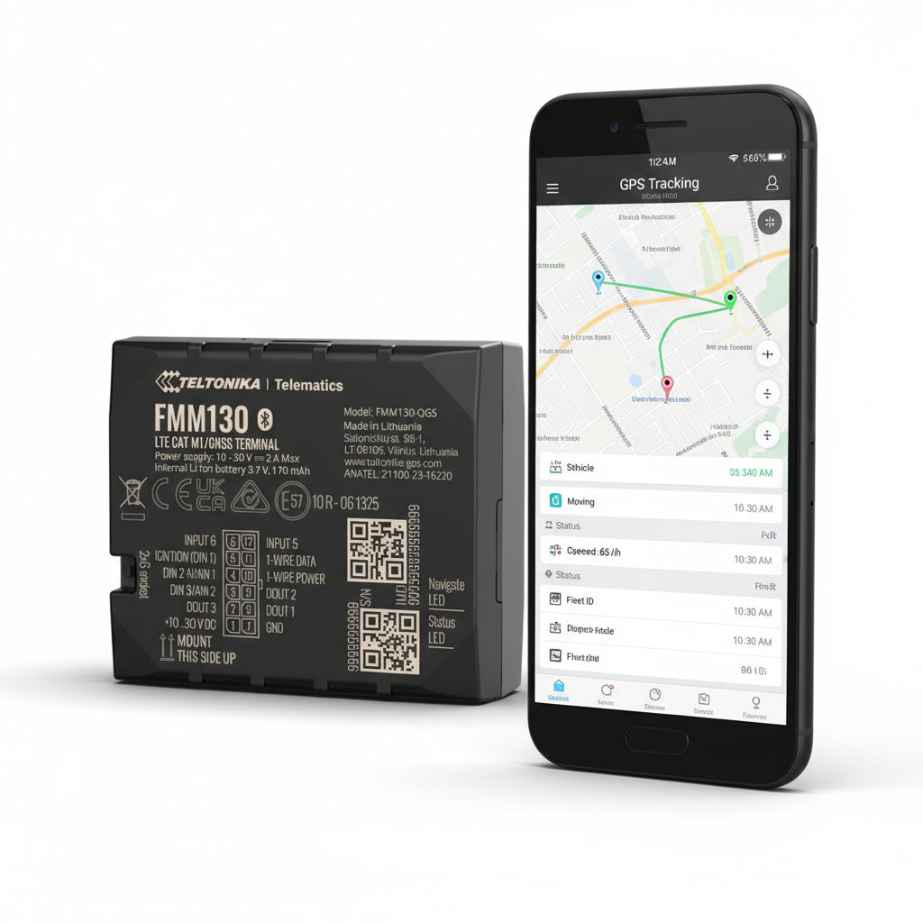 Teltonika FMM130 LTE CAT M1/GSM terminal on a white background