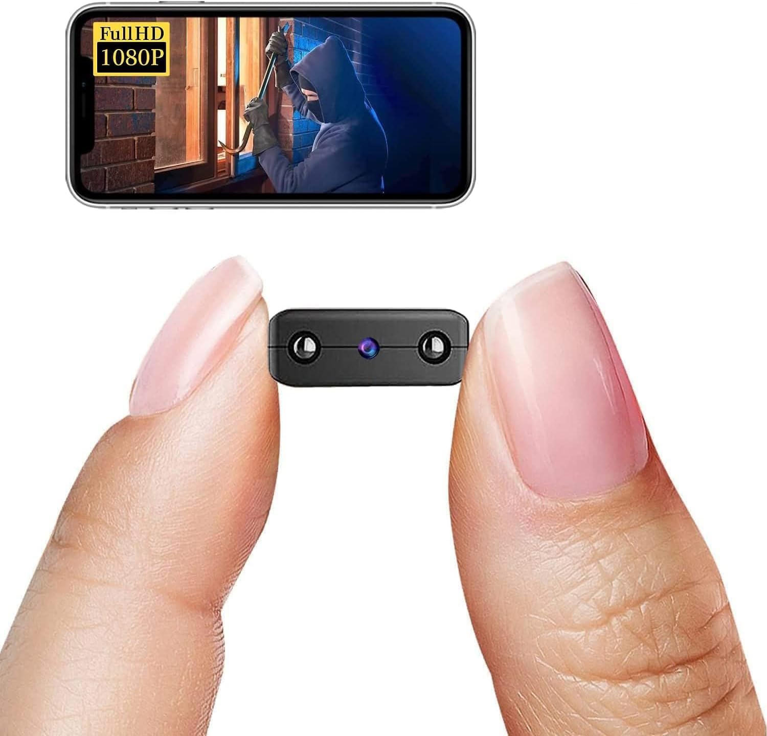Small camera device held between two fingers with a smartphone screen displaying video footage.