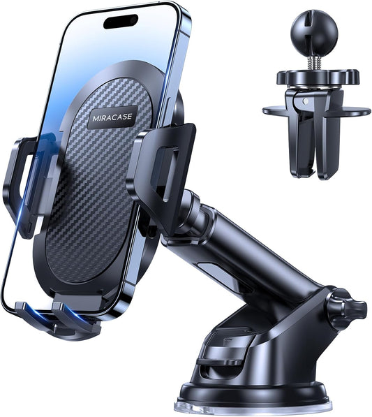 Military-Grade Reliable Suction Miracase Car Phone Holder, Universal Mobile Phone Holder for car, car Phone Mount for Dashboard Windshield Vent Compatible with All Smartphones - Techtonika Autolink