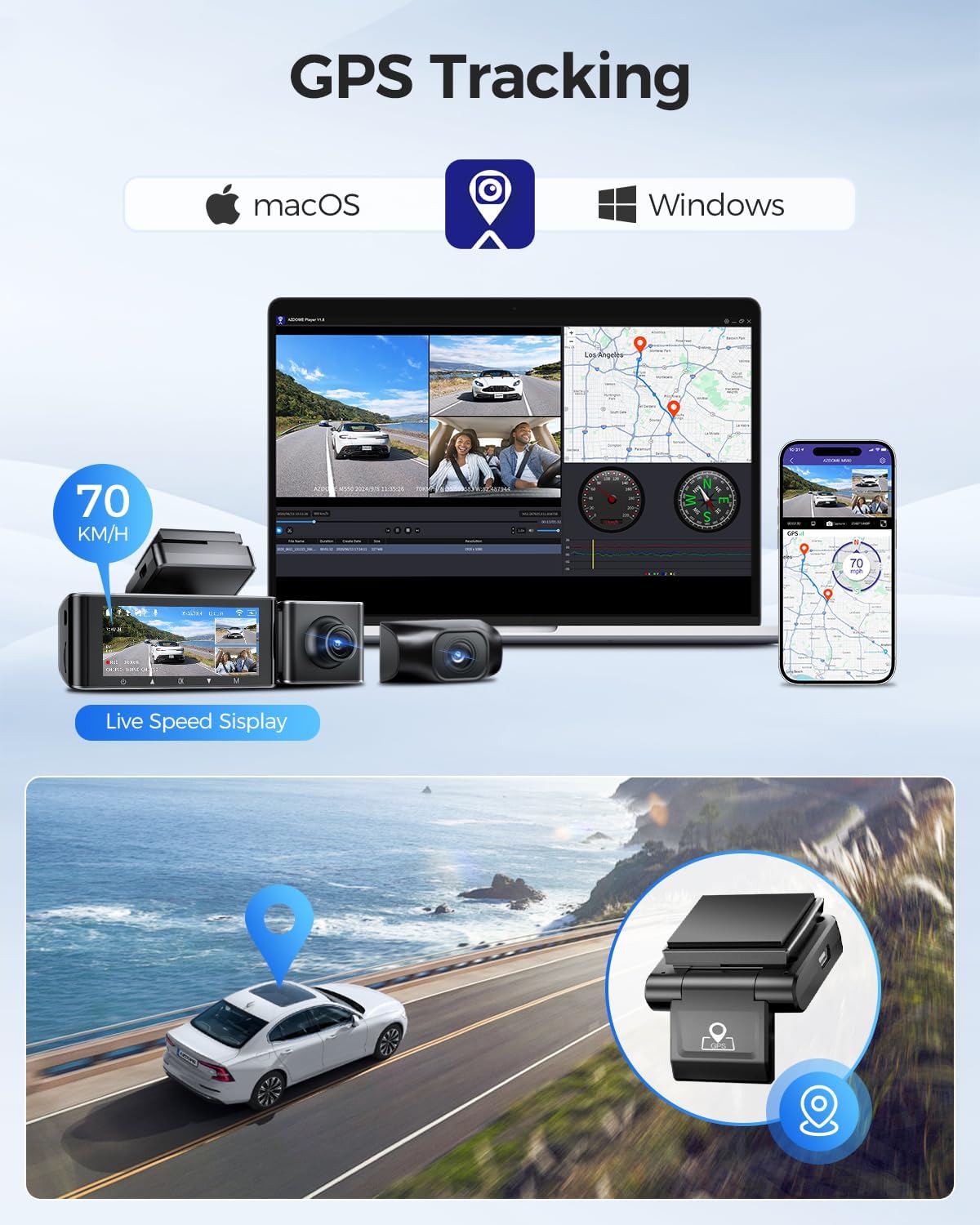 AZDOME M550 Pro 5.8Ghz WiFi 2/3 Channel Dash Cam 4K+1080P Built-in GPS 3.19" IPS Screen Car DVR IR