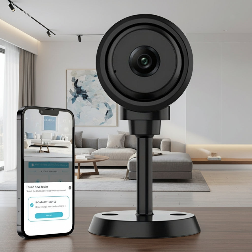 Black security camera on a stand with a smartphone displaying an app interface.
