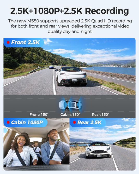AZDOME M550 3 Channel Dash Cam 5G WiFi GPS 4K Front Rear Inside 1440P 64GB Night Vision Parking Mode
