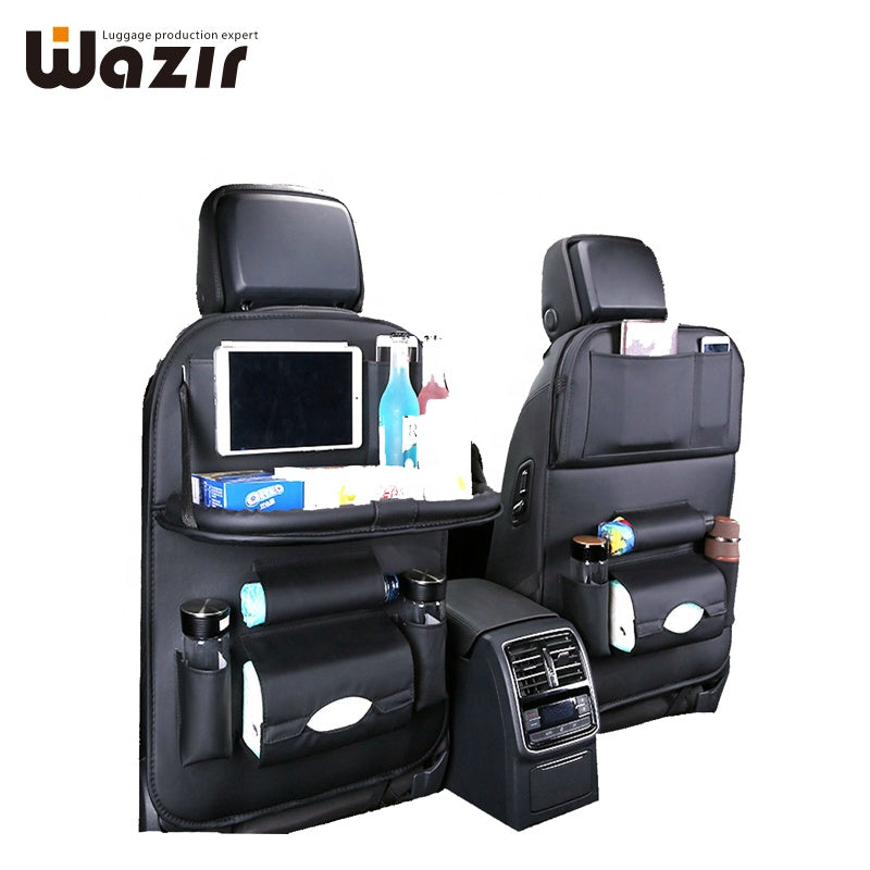 PU Leather Car Backseat Organizer with Foldable Table Tray & Storage Pockets