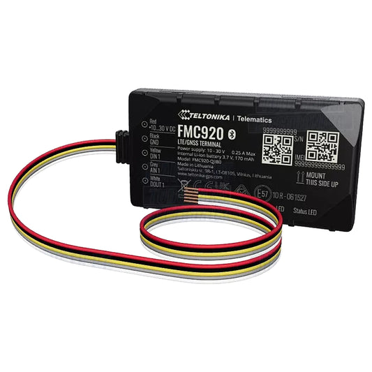 Teltonika FMC920 device with wiring on a white background