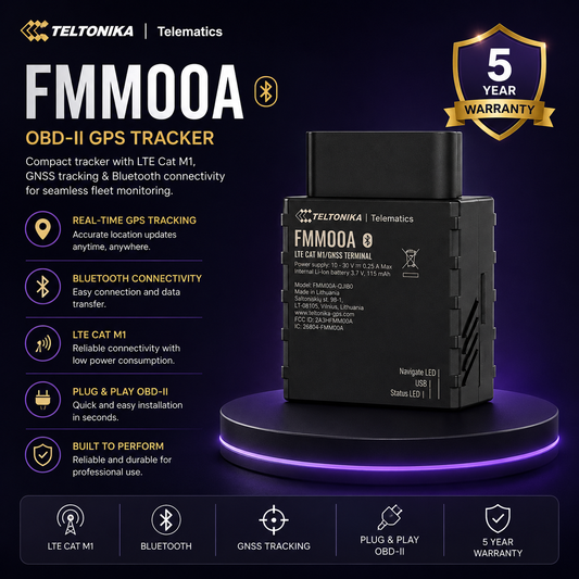 Teltonika FMM00A OBD-II GPS Tracker with features and 5-year warranty on a dark background