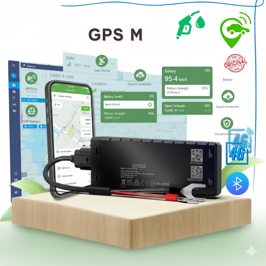 GPS device with connectivity icons on a light green background
