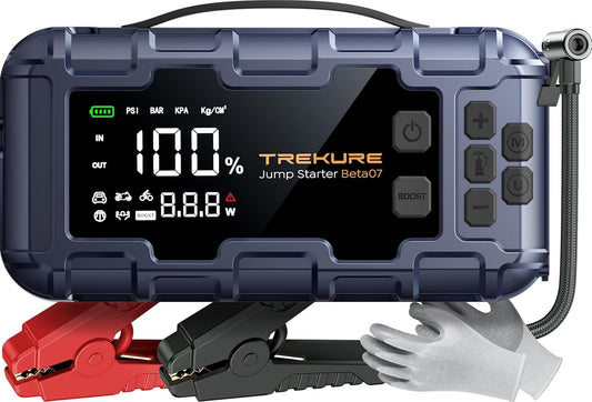 Techtonika 6000A Portable Car Jump Starter with 160PSI Air Compressor, 45W Fast Charging Power Bank, LED Lights & Gloves – 12V Battery Booster for All Gas & Up to 12L Diesel Engines