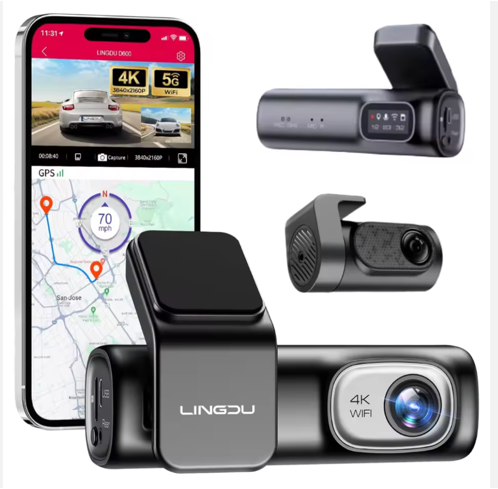 Lindu D600 Dual Lens Car DVR 4K + 1080P Front and Rear Dash Cam with 5.8G Wi-Fi, GPS Tracker, and ADAS Black Box