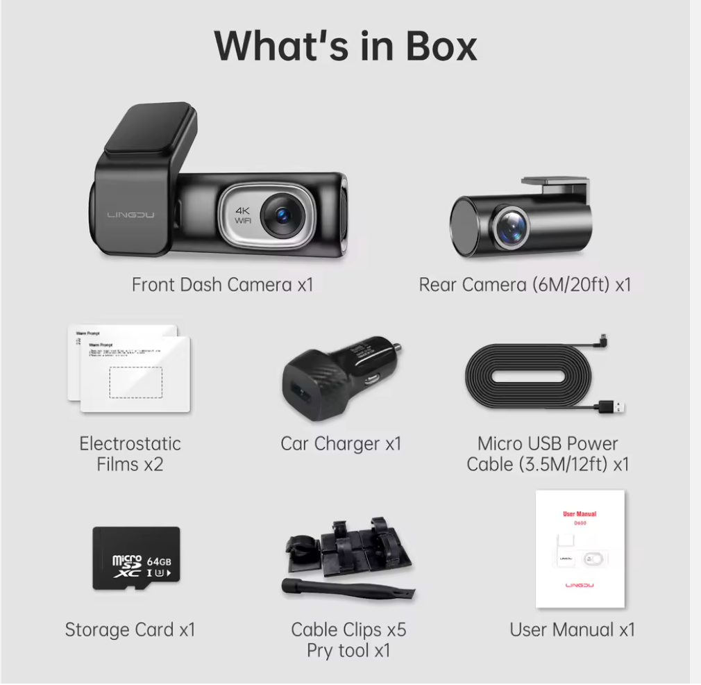 Lindu D600 Dual Lens Car DVR 4K + 1080P Front and Rear Dash Cam with 5.8G Wi-Fi, GPS Tracker, and ADAS Black Box