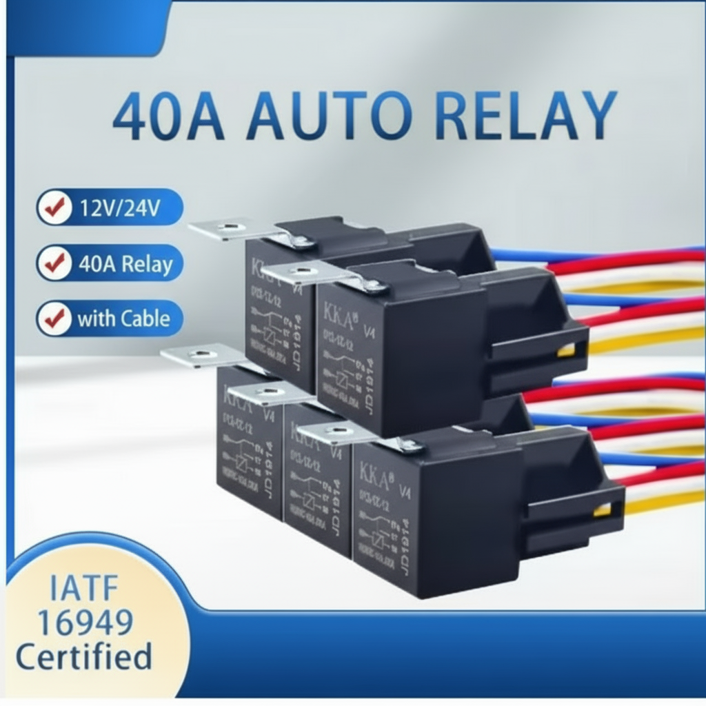 40A auto relay with cables on a gray background, featuring KKA branding and certification details.