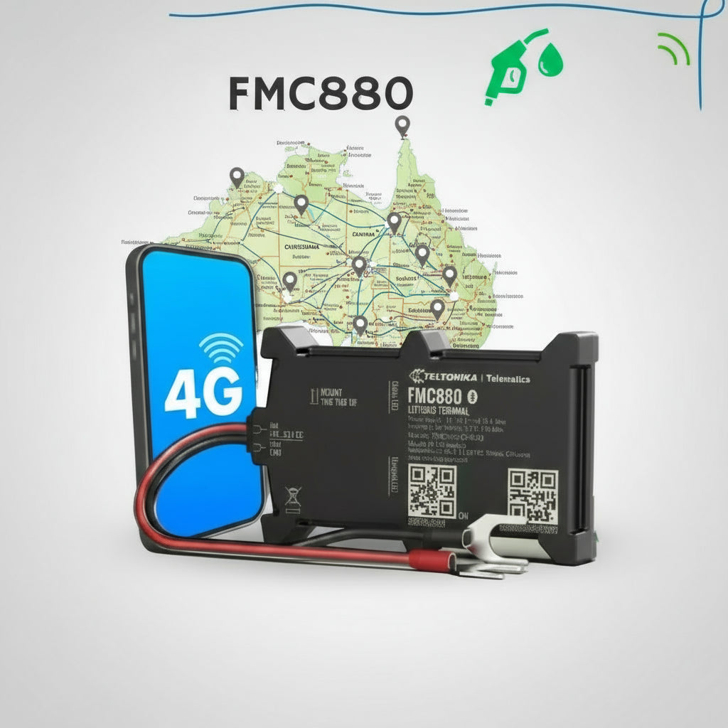 FELTONika FMC880 device with smartphone and map on a white background