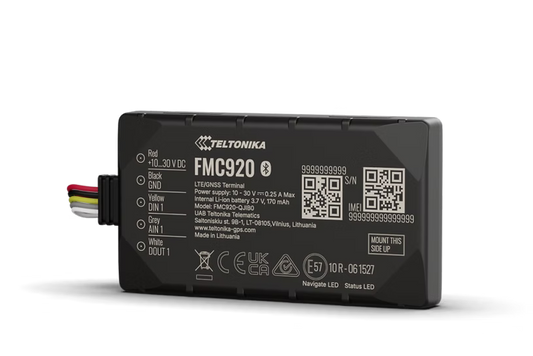 Teltonika FMC920 device with various labels and a QR code on a white background